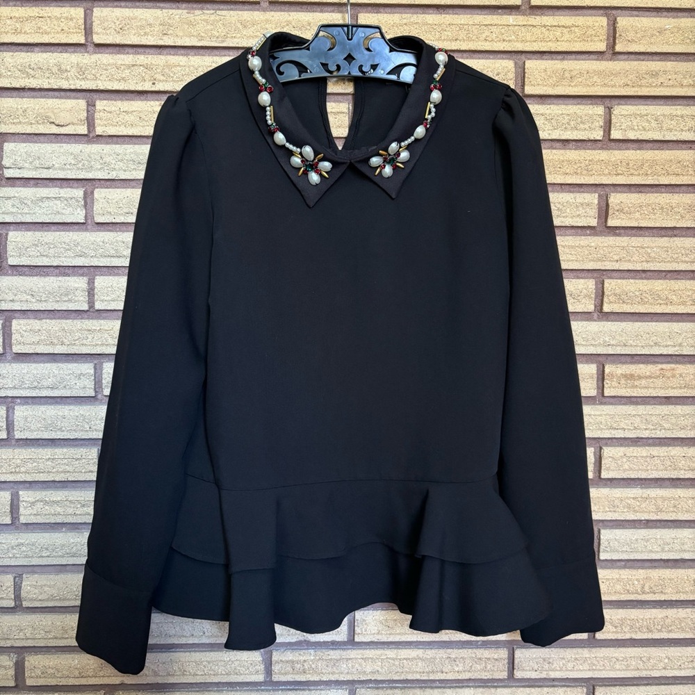 Black Peplum Top with Christmas Collar - Large - Holiday Top - Christmas Blouse